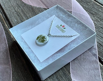 Corelle Broken Dishes Necklace - stainless steel setting stainless steel 24” chain,  from broken Corelle Crazy Daisy plate, Spring Blossom