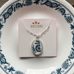 Old Town Blue Corelle Broken Dishes Necklace - Sterling Silver made from broken blue Corelle plate,  Corelle broken china pendant