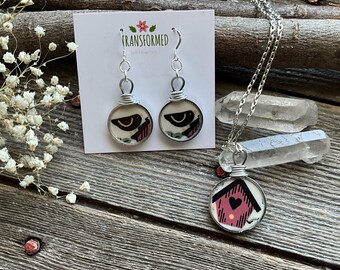 Garden Home Broken Dishes Necklace and Earring Set.  Matching necklace and earrings from a broken vintage plate - birds and birdhouse