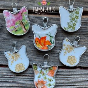 Cat Necklace - made from Broken China - Corelle, prairie Lily, blossom time - unique cat lovers gift. Broken China Necklaces.
