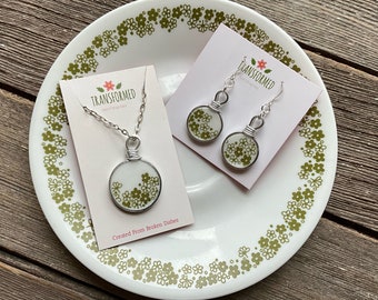 Broken dishes necklace & earrings set- Created from a broken Corelle Crazy Daisy / Spring Blossom plate - green pendant and earring set