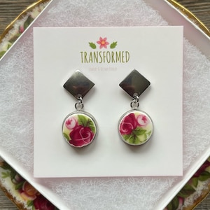Stainless Steel - Old Country Roses - broken dishes earrings, memory filled jewelry. Royal Albert Roses earrings created from a plate