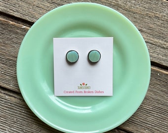 Jadeite Stainless Steel Broken China Earrings - created from a broken jadeite milk glass dish button stud earrings