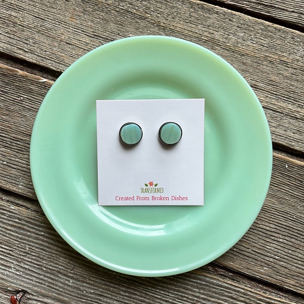 Jadeite Stainless Steel Broken China Earrings - created from a broken jadeite milk glass dish button stud earrings