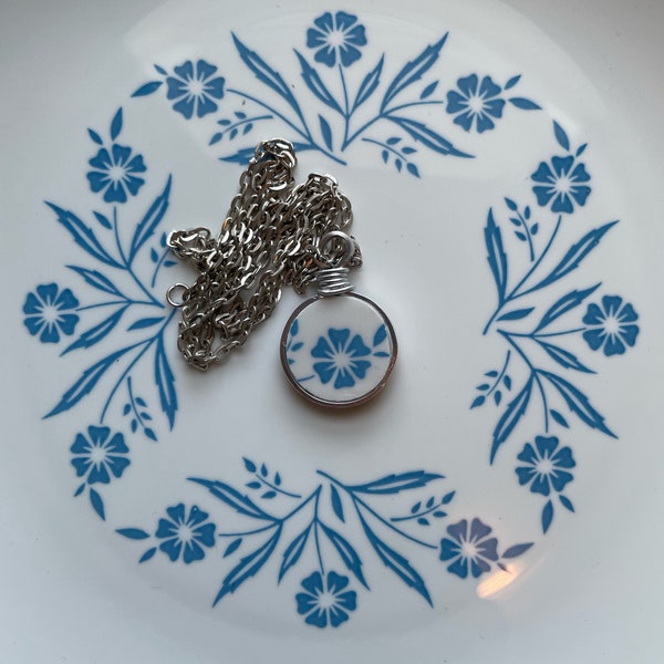 Cornflower Blue - Broken Dishes Necklace - made from a broken Corningware Blue Corn Flower plate, broken china pendant, eco friendly