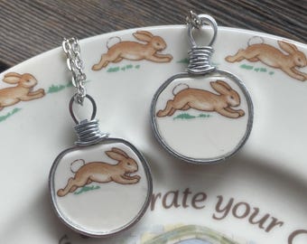 Bunnykins!! Broken Dishes necklace - made from a broken plate. Broken china necklace made from Royal Doulton china. Listing is for one