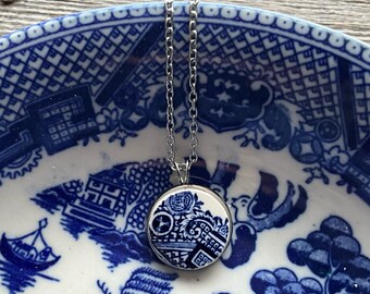 Blue Willow Broken Dishes Necklace - stainless steel setting stainless steel 24” chain,  from broken Blue Willow plate