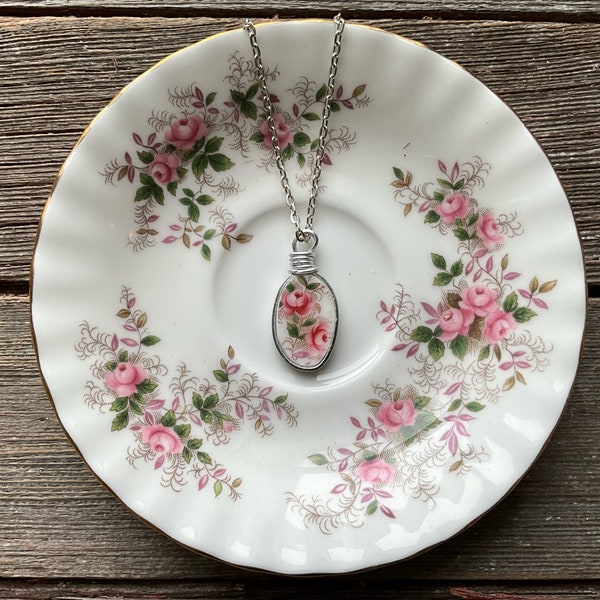 Lavender Rose Broken Dishes Necklace - made from Royal Albert Lavender Rose dish, bone china necklace, elegant china pendant