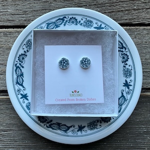 Corelle Broken China Earrings - created from a broken Old Town Blue Corelle plate- button stud earrings - eco Friendly