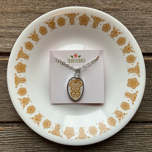 Golden Butterfly Corelle necklace, broken china pendant made from a broken Corelle plate, broken china jewelry, eco friendly