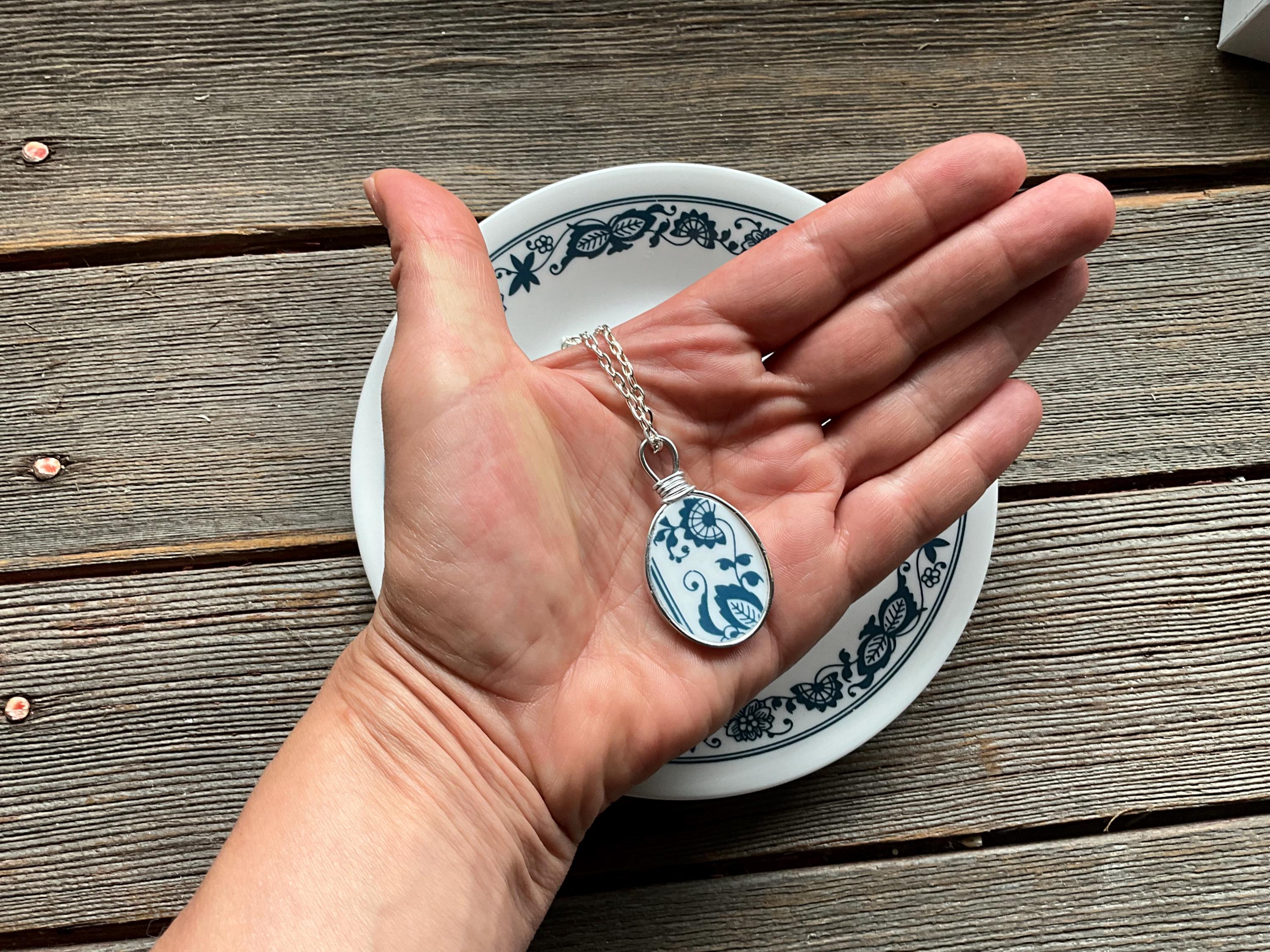 Vintage Corelle Broken Dishes Necklace - made from an Old Time Blue Blue Onion plate,  china necklace, broken china pendant Blue Corelle