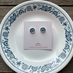 Corelle Broken China Earrings - created from a broken Old Town Blue Corelle plate- button stud earrings - eco Friendly