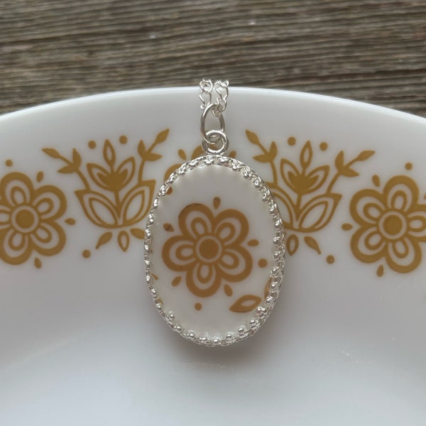 Broken Dishes Necklace - Corelle Golden Butterfly pyrex  broken china necklace - 925 sterling silver setting with 20” sterling silver chain