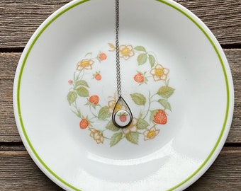 Strawberry Sundae Corelle Broken Dishes Necklace - Corelle strawberry - stainless steel setting on a 24” stainless steel chain