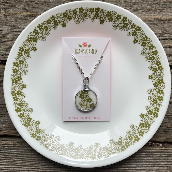 Corelle Broken Dishes Necklace - made from broken Corelle Crazy Daisy plate, Spring Blossom, china necklace, broken china pendant