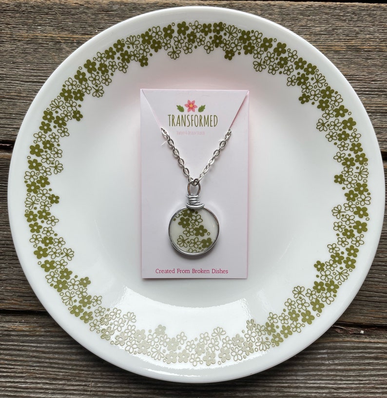 Corelle Broken Dishes Necklace made from broken Corelle Crazy Daisy plate, Spring Blossom, china necklace, broken china pendant image 1