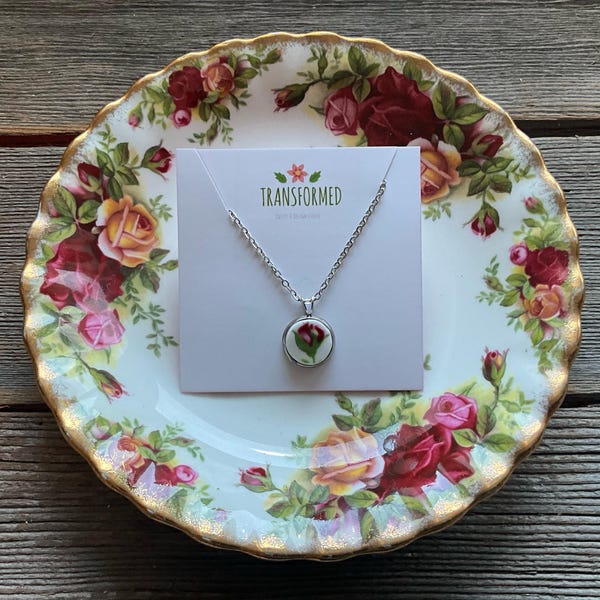 Delicate and small - Old Country Roses Dishes Necklace - stainless steel setting stainless steel 18” chain, Royal Albert stainless steel