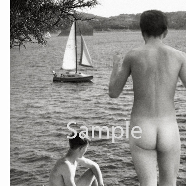 Vintage 1940's Photo Reprint Handsome Nude Men Play Near Lake on Rock Gay Interest 144