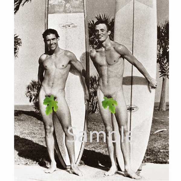 Vintage 1950's Photo Reprint Nude Surfer Men Pose with Boards in Hawaii 113