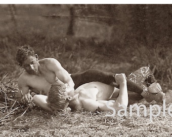 1916 Photo Reprint Near Nude Men Begin Sexy Kiss While Laying in a Grassy Field 40