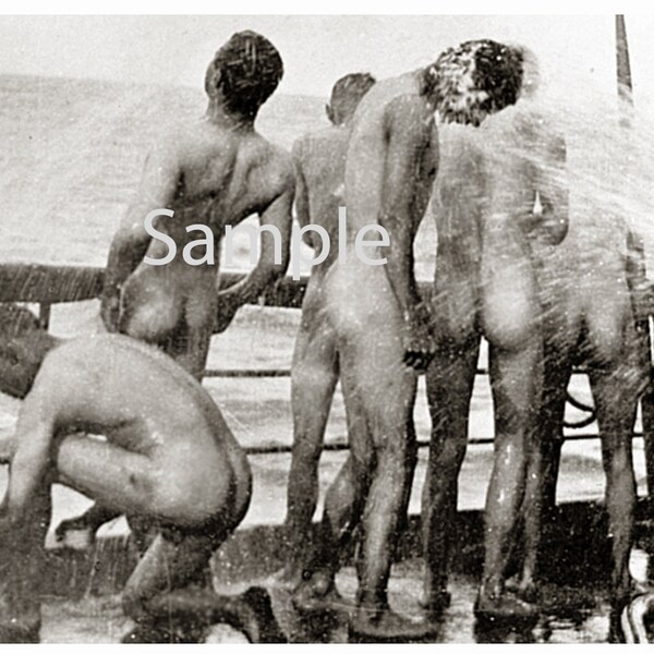 Vintage 1940's Photo Reprint Handsome Nude Sailors Bathe on Ship's Deck Gay Interest 103