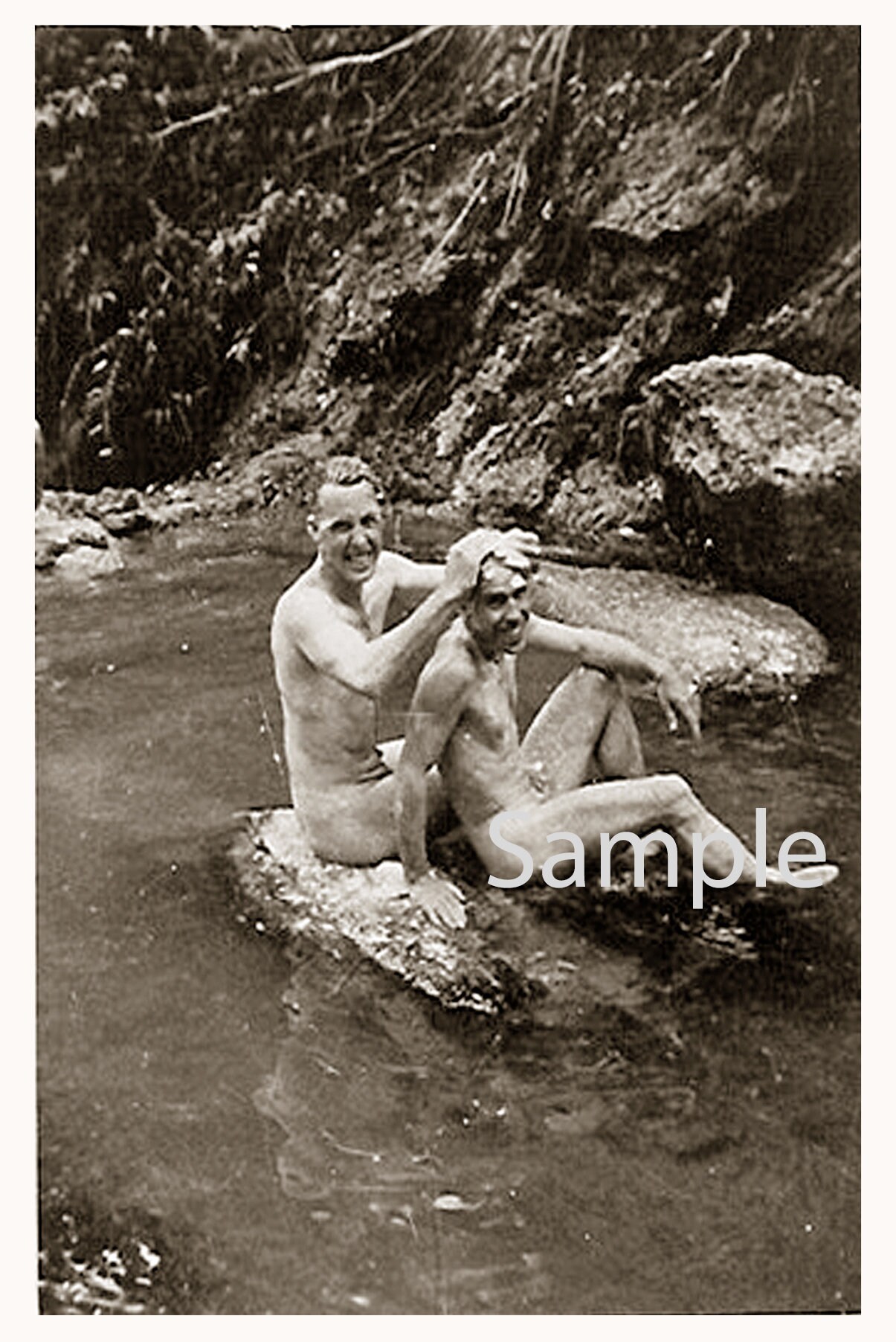 Vintage 1940's Photo Reprint Nude Soldier Bathes Pal's Head in St...