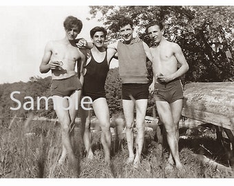 1929 Photo Reprint Near Nude Men Bulge in Swim Suits at a Lake Gay Interest 151