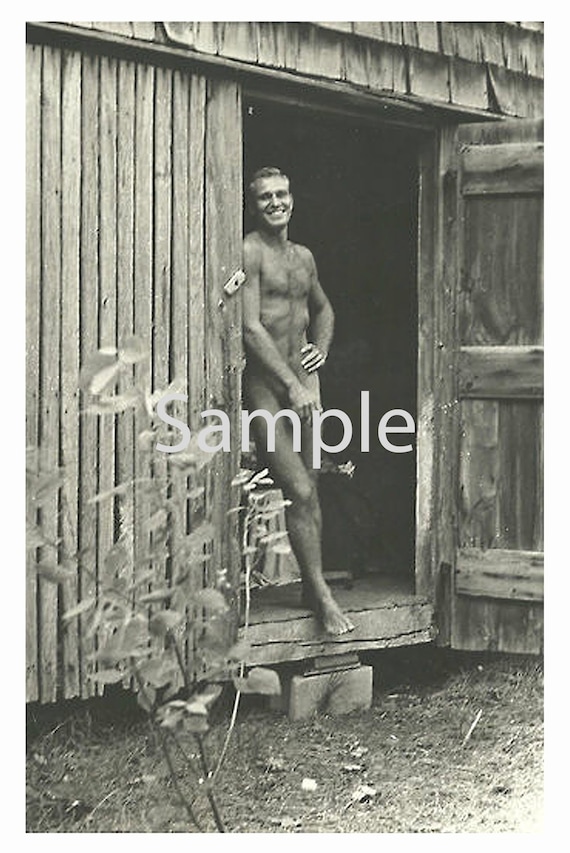 Vintage 1940's Photo Reprint Handsome Muscular Nude Soldier Stands by  Shower Gay Interest 161