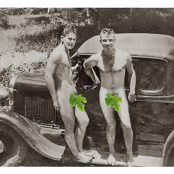 Vintage 1920's Photo Reprint Nude Young Men Stand on Car's Running Board Gay Interest 161