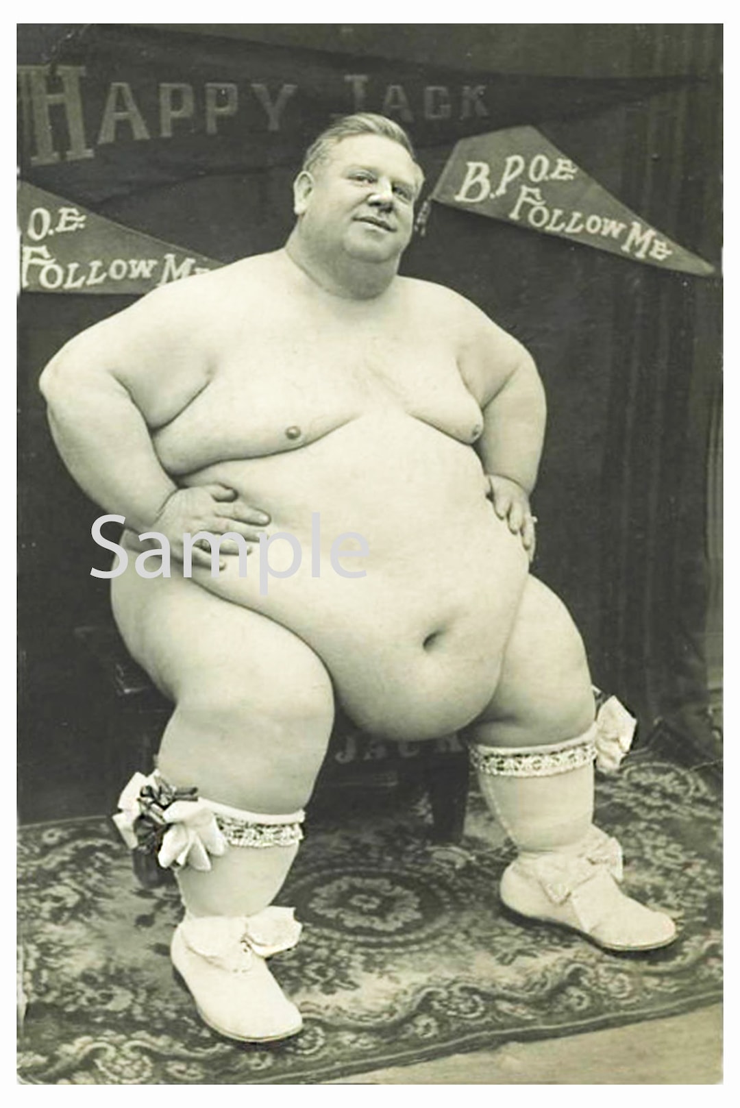 Vintage 1930s Photo Reprint Nude Circus Fat Man Happy