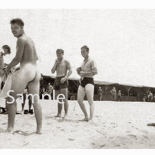 Vintage 1940's Photo Reprint of a Group of Nude Young Sailors Stripping on the Beach Gay Interest 70
