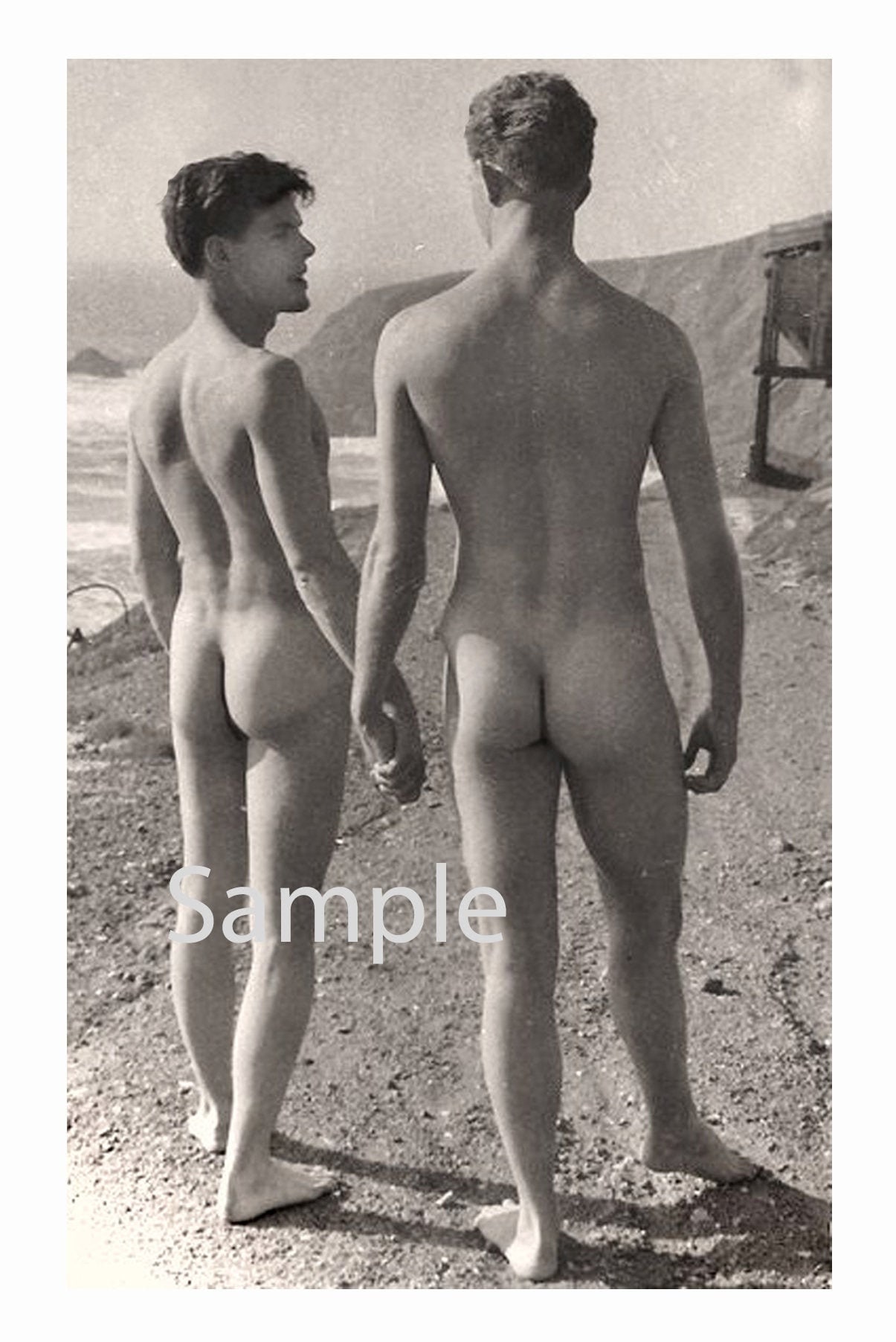 Vintage 1940s Photo Reprint Nude Gay Men Walk Hand in