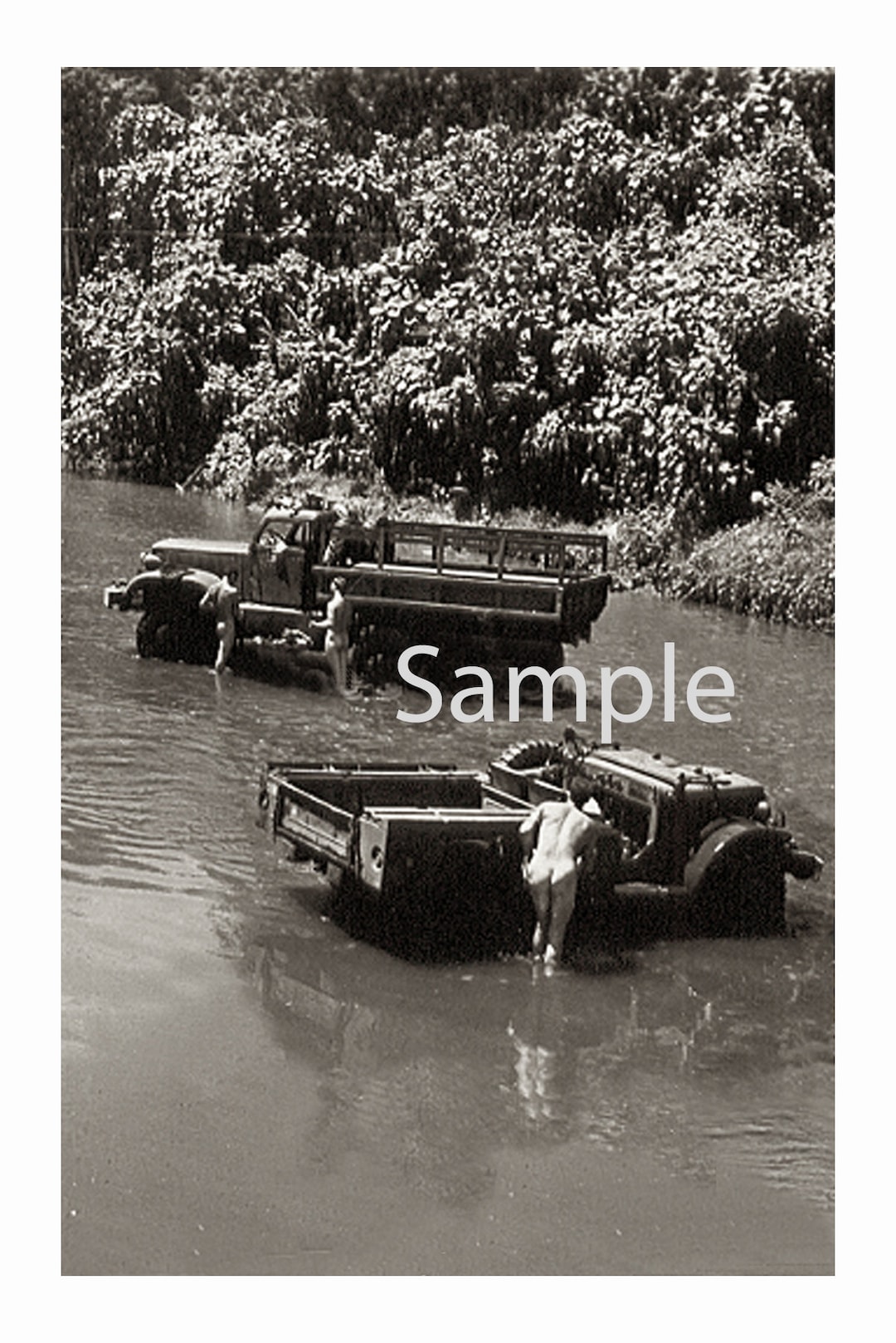 Vintage 1940s Photo Reprint Nude Ww Ii Soldiers Bathe Jeep In The River 120 Etsy 