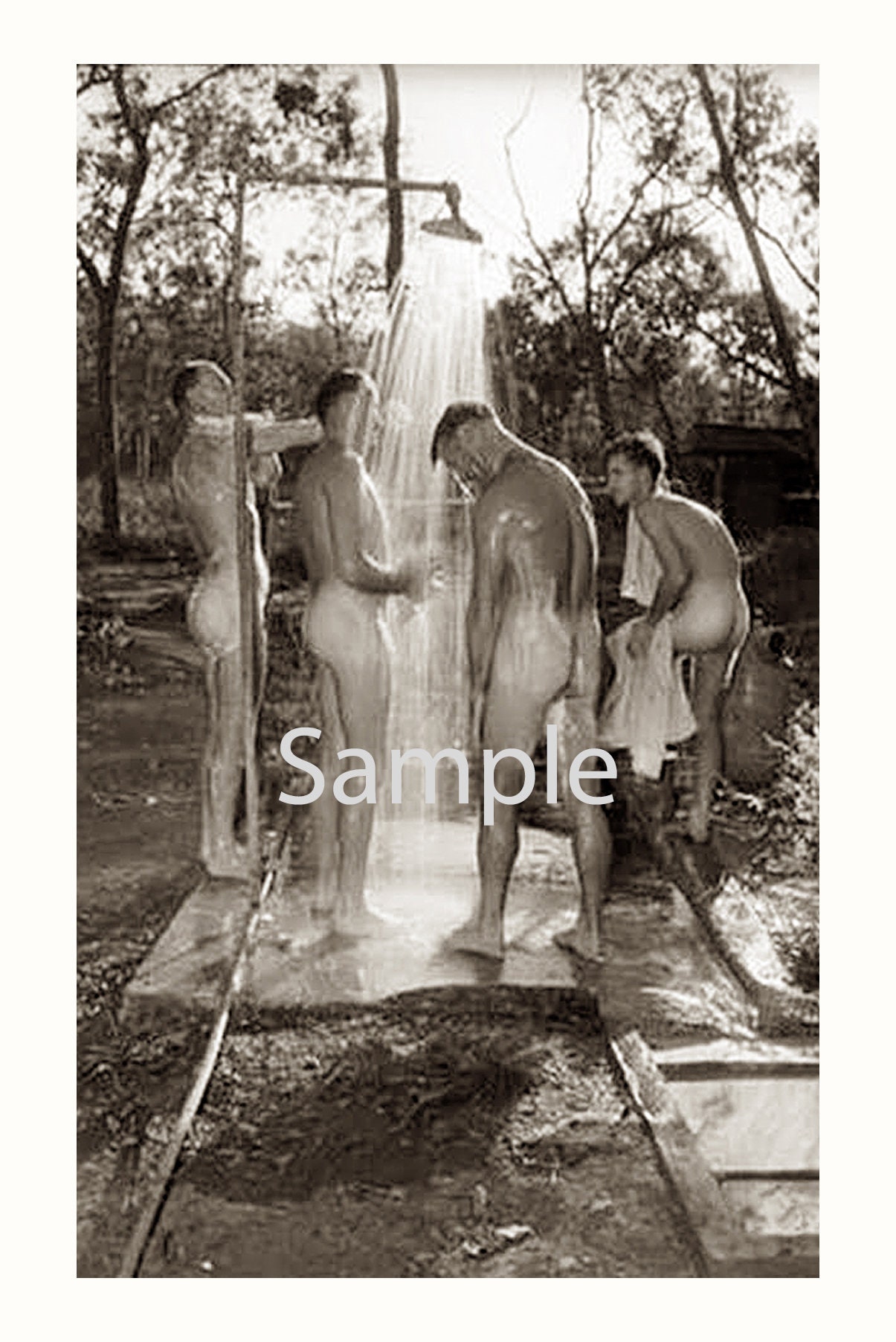 Vintage 1940s Photo Reprint of Four Nude WWII Soldiers