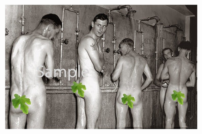Vintage Reprint 1940's Photo Muscular Nude WWII Sailors Shower Together Gay Interest 152 image 1