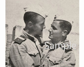 Vintage 1950’s Photo Reprint Handsome Soldiers Hug & Kiss with Affection Gay Interest 137