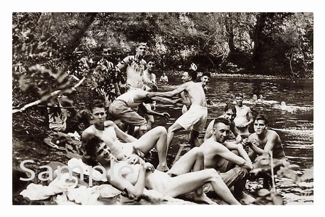 1940s Photo Reprint Nude Soldiers Swim in a Jungle Stream image pic