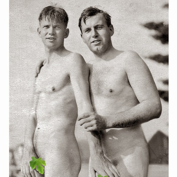 Vintage 1930's Photo Reprint Handsome Nude Men Pose at Naked Barbecue Gay Interest 139