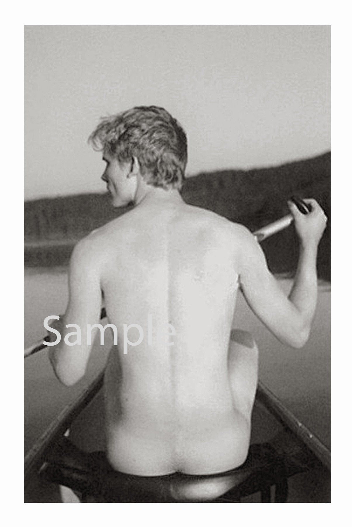 Vintage 1940s Photo Reprint Handsome Nude Man Paddles