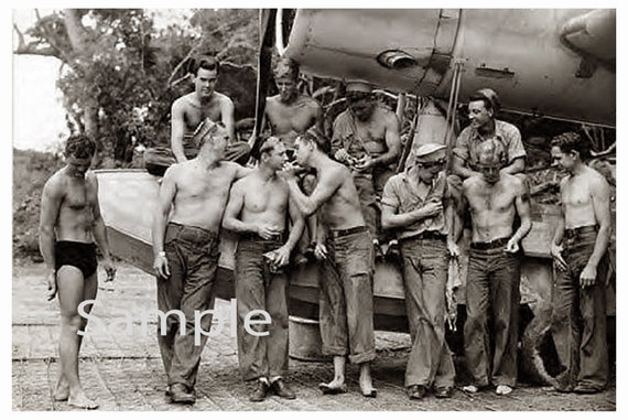 Vintage Group Naturists - 1945 Photo Reprint Near Nude WWII Soldiers Take a Break 35