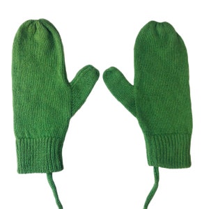 Green Mittens on a String for Ladies / Lambswool Fine Knit Gloves for Winter / Cosy Hands by Karen Knits Shop