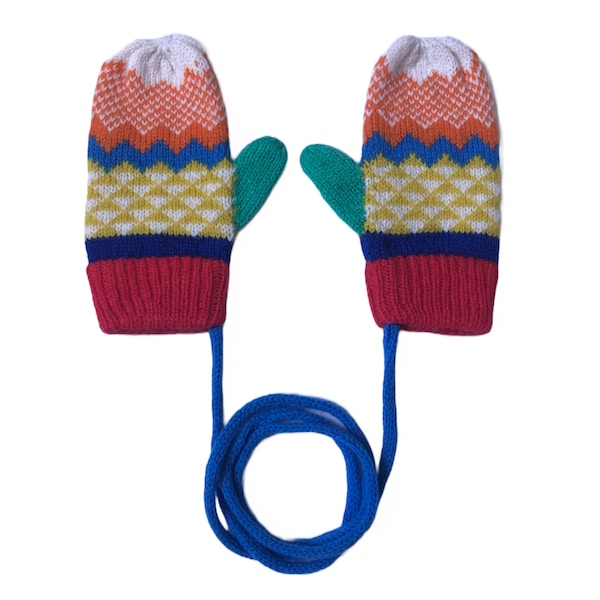 Kids Mittens - Colourful Fairisle Lambswool Knitted Mittens on a String for children boys/girls - available in various sizes / sustainable