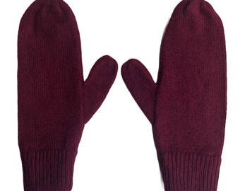 Women’s Mittens in Maroon Red Knit available on a string or loose / Ladies Lambswool Fine Knit Gloves by Karen Knits Shop