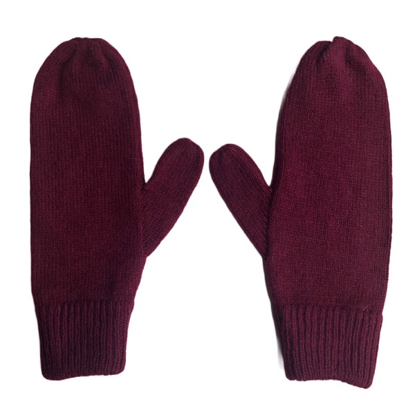 Women’s Mittens in Maroon Red Knit available on a string or loose / Ladies Lambswool Fine Knit Gloves by Karen Knits Shop