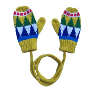 Kids Mittens - Yellow Fairisle Lambswool Knitted Mittens on a String - 3 Sizes / Childrens Gloves / Toddler Mittens