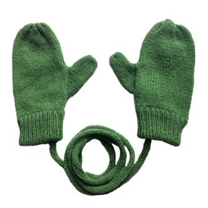 Green Knitted Mittens on a String for children boys/girls - available in various sizes / Soft Lambswool Kids Gloves by Karen Knits Shop
