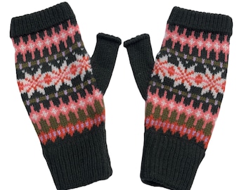 May include: A pair of black fingerless gloves with a pink, white, and green geometric pattern.