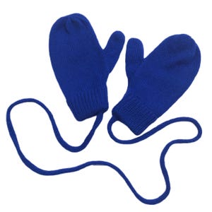 May include: A pair of blue knitted mittens with a matching blue string connecting them.