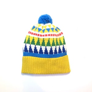 Knitted Lambswool Bobble Hat / Geometric Fairisle Winter Woolly Hat - Adult Size Beanie