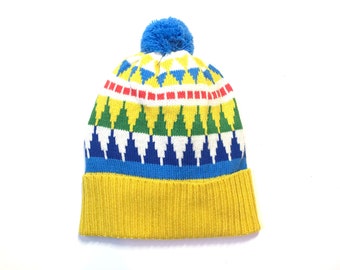 Knitted Lambswool Bobble Hat / Geometric Fairisle Winter Woolly Hat - Adult Size Beanie